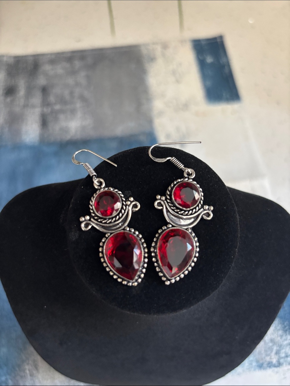 Sterling Silver Red Garnet Gemstone Dangle Earrings